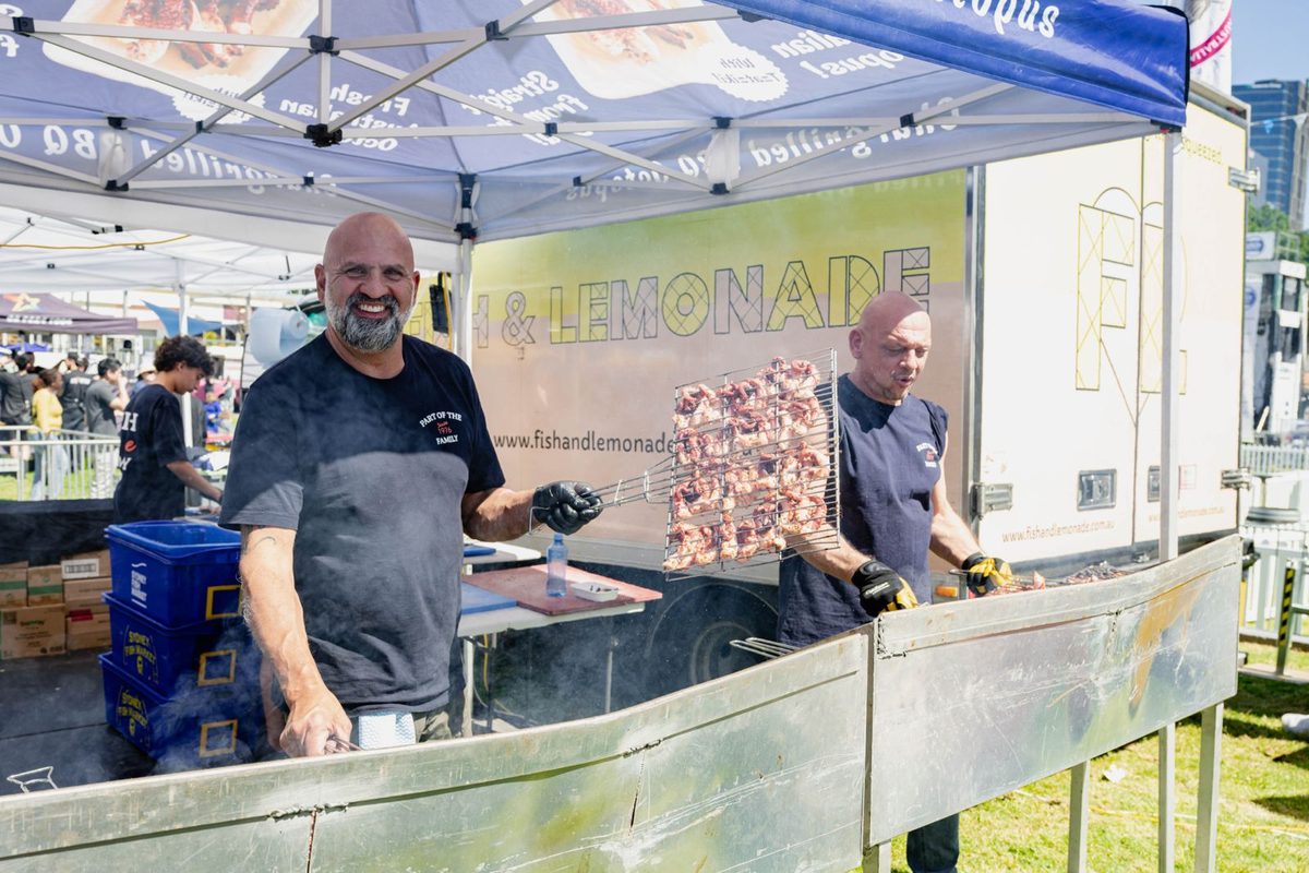 Fish in the Family stall cooking Greek style BBQ octopus